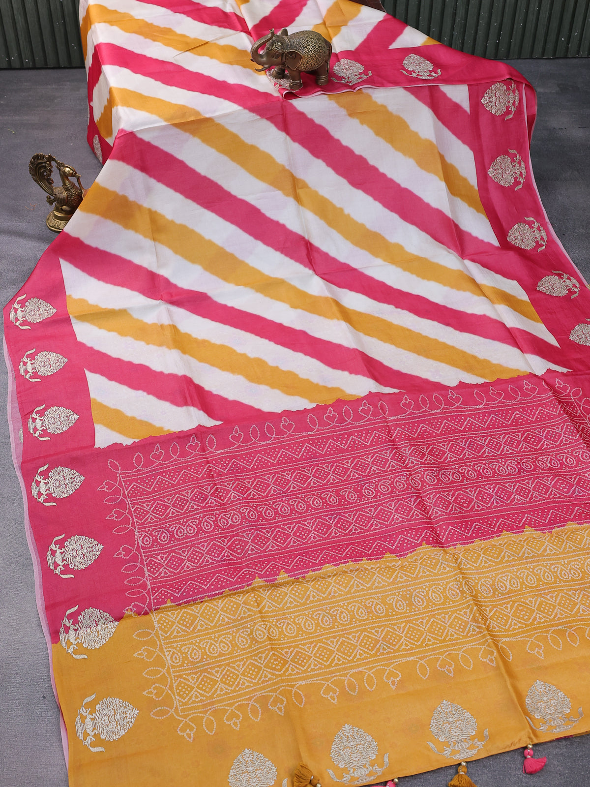 Beige Tomato Pink Yellow Tussar Silk Saree With Leheriya Design And Embroided Butta Border
