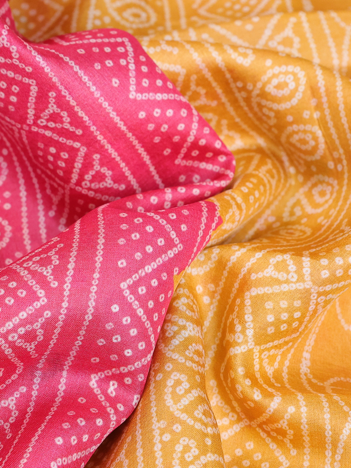 Beige Tomato Pink Yellow Tussar Silk Saree With Leheriya Design And Embroided Butta Border