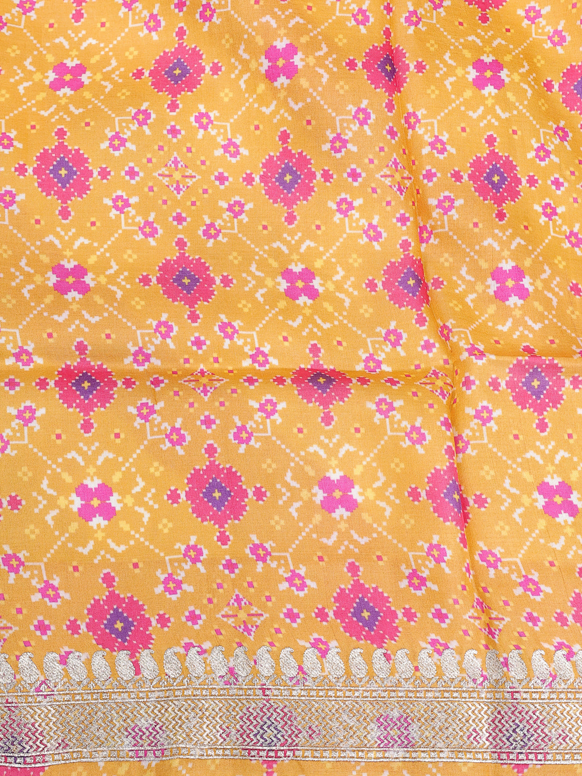 Beige Tomato Pink Yellow Tussar Silk Saree With Leheriya Design And Embroided Butta Border