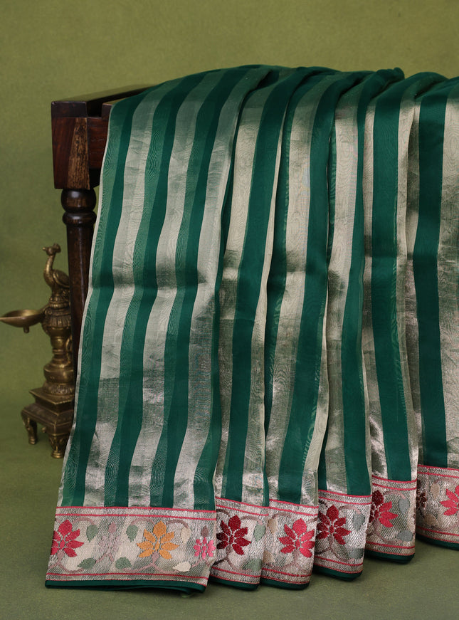 Green Pure Organza Silk Saree With Stripes And Border Embroidery