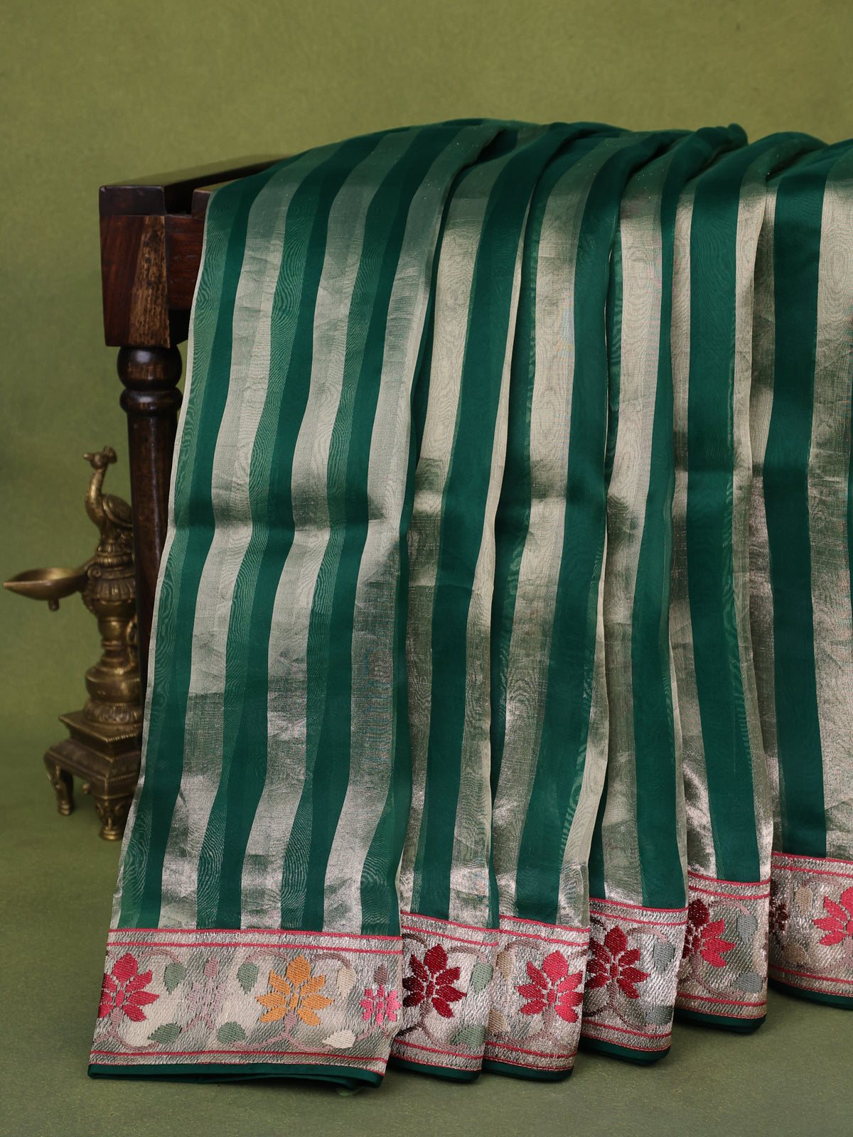 Green Pure Organza Silk Saree With Stripes And Border Embroidery
