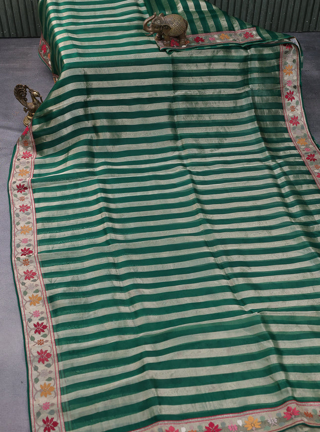 Green Pure Organza Silk Saree With Stripes And Border Embroidery