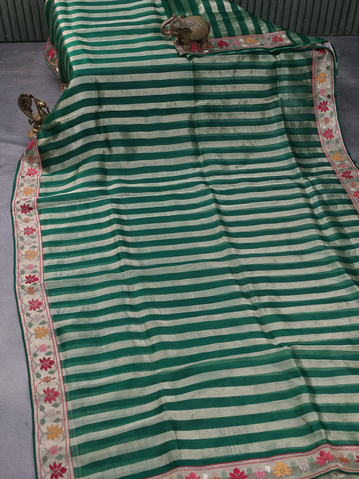 Green Pure Organza Silk Saree With Stripes And Border Embroidery