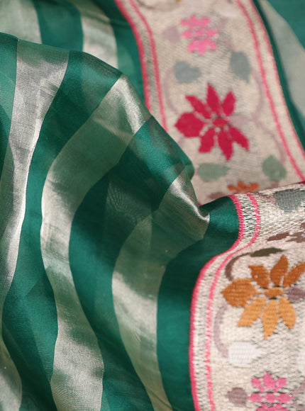 Green Pure Organza Silk Saree With Stripes And Border Embroidery