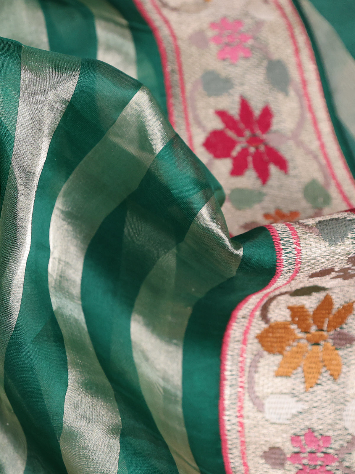 Green Pure Organza Silk Saree With Stripes And Border Embroidery