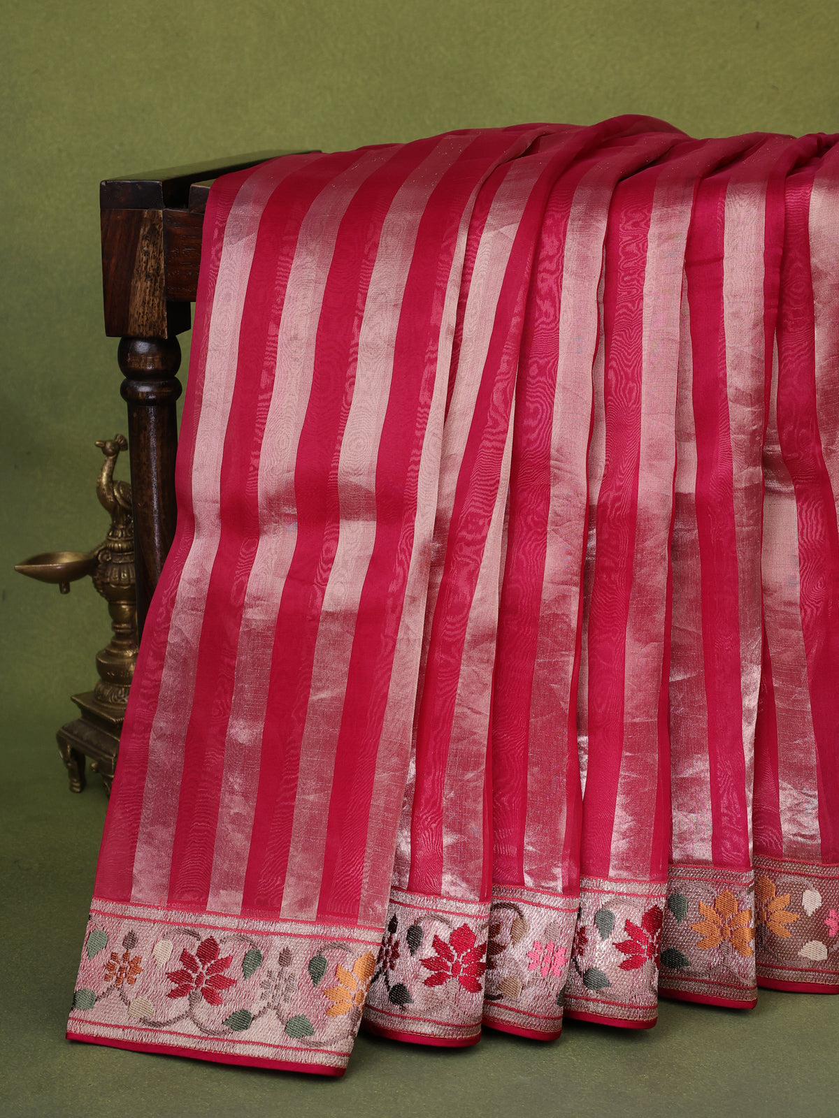 Pink Pure Organza Silk Saree With Stripes And Border Embroidery