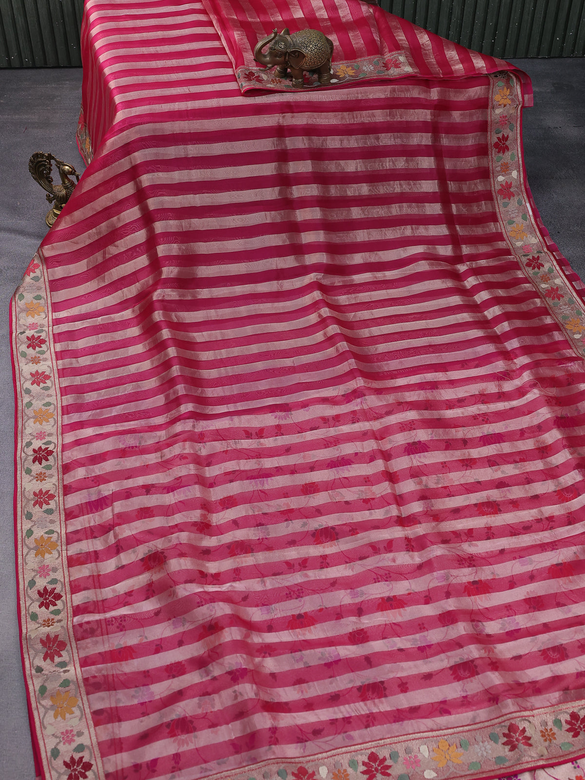 Pink Pure Organza Silk Saree With Stripes And Border Embroidery