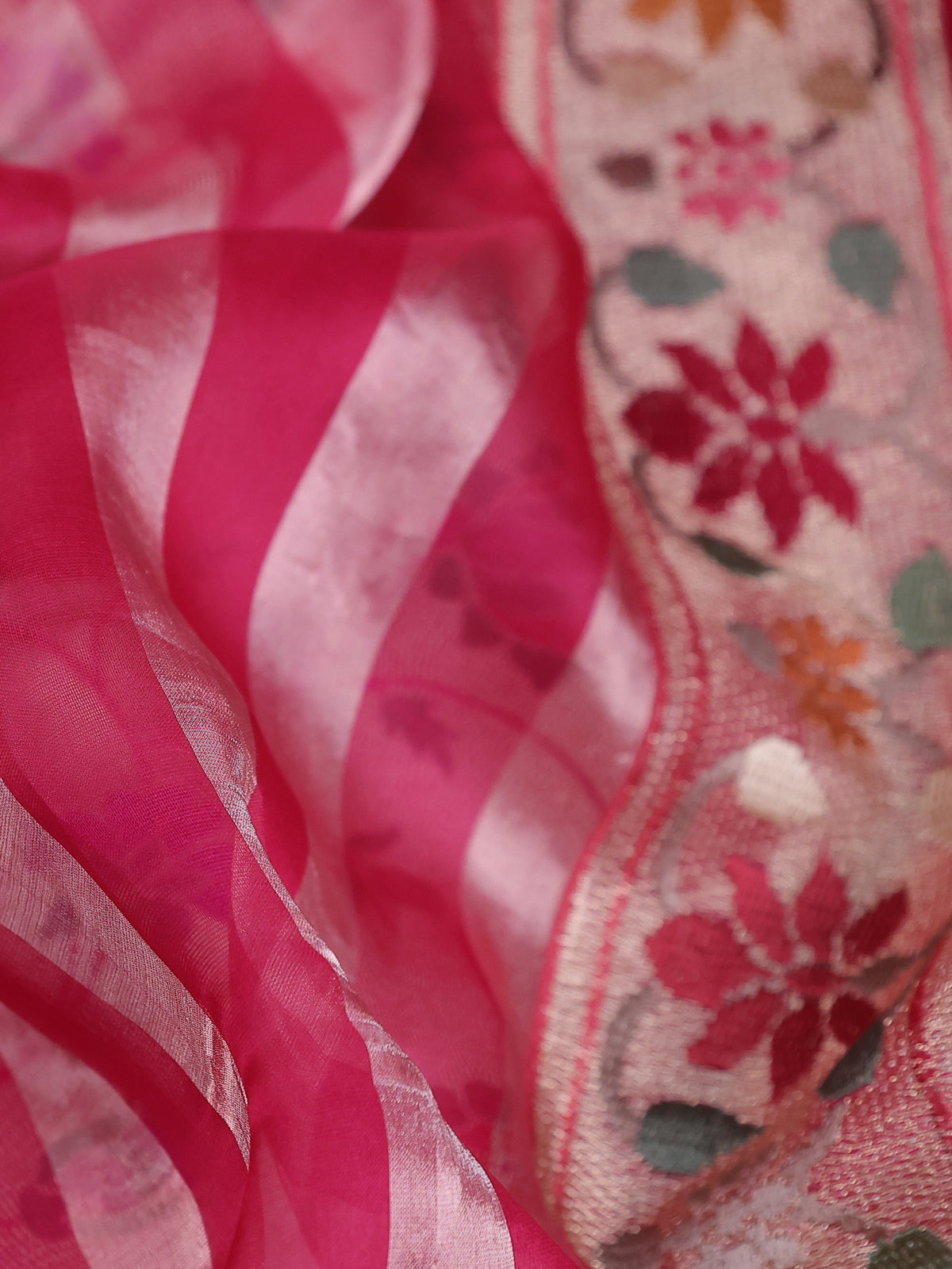 Pink Pure Organza Silk Saree With Stripes And Border Embroidery