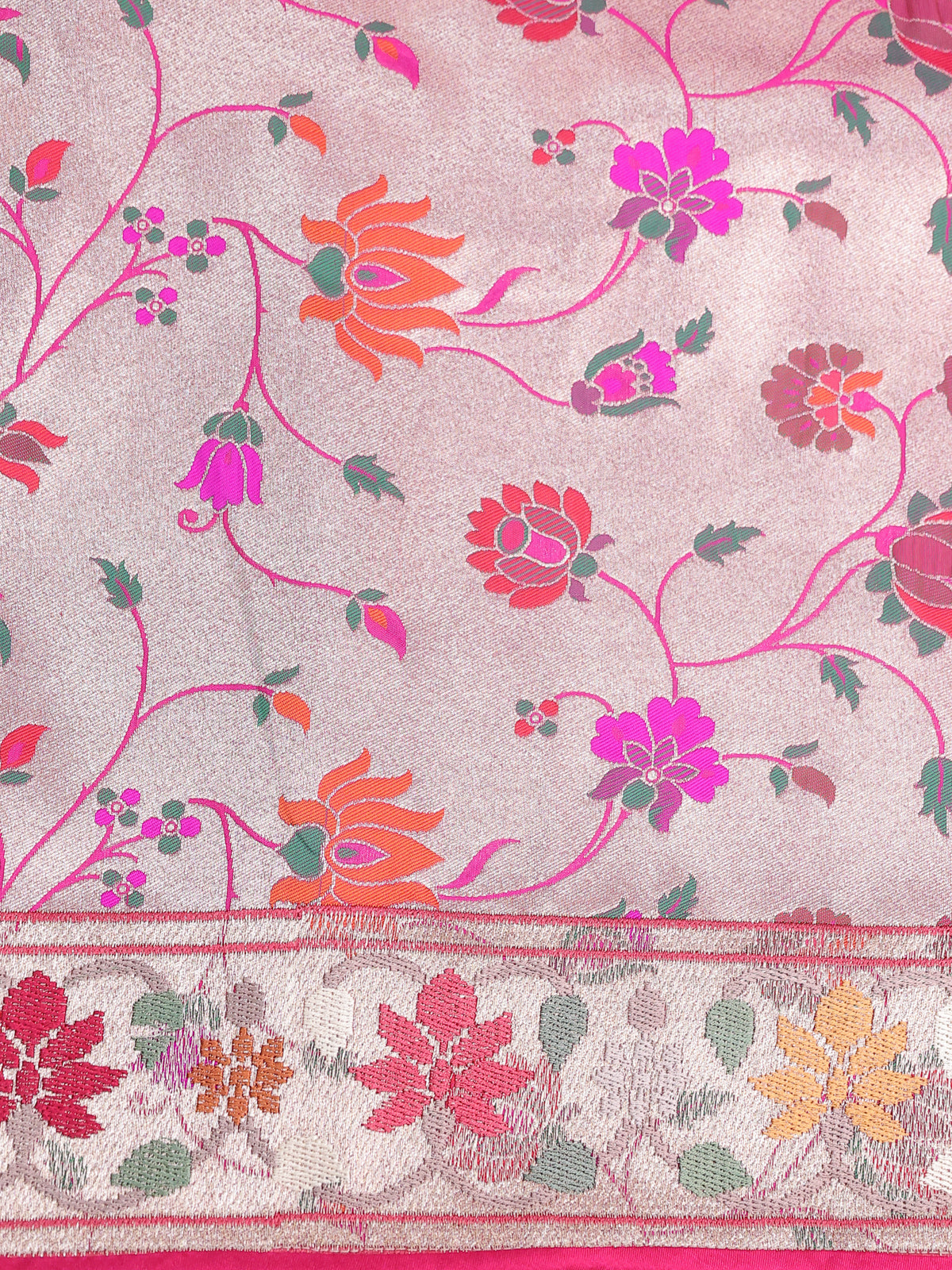 Pink Pure Organza Silk Saree With Stripes And Border Embroidery