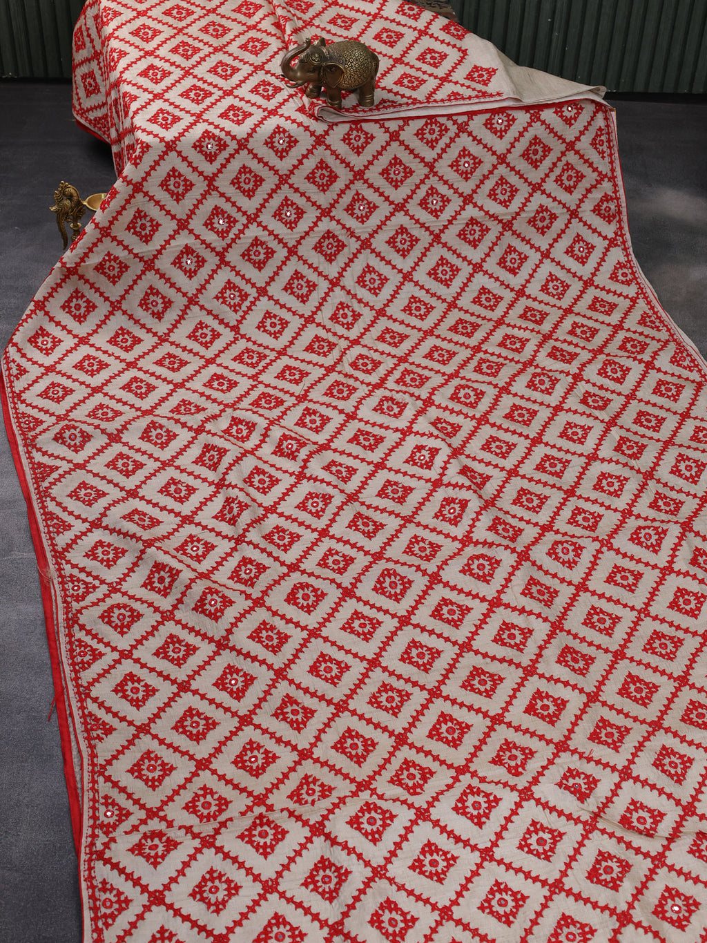 Beige & Red Puretussar Silk Saree With Allover Kutch Embroidery & Mirror Work