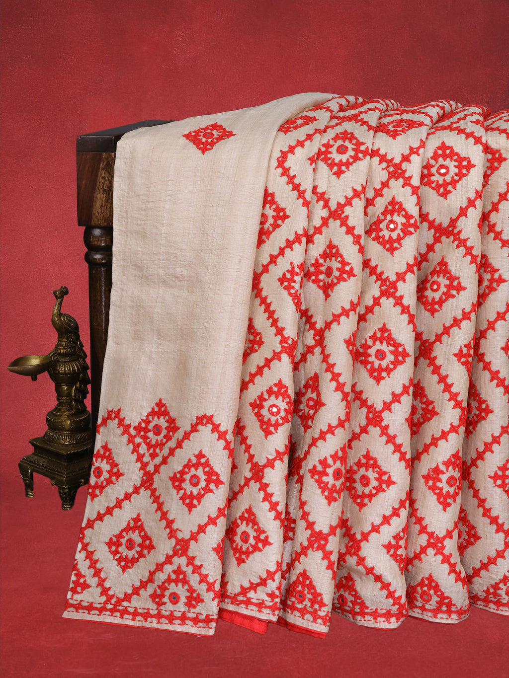 Beige & Red Puretussar Silk Saree With Allover Kutch Embroidery & Mirror Work