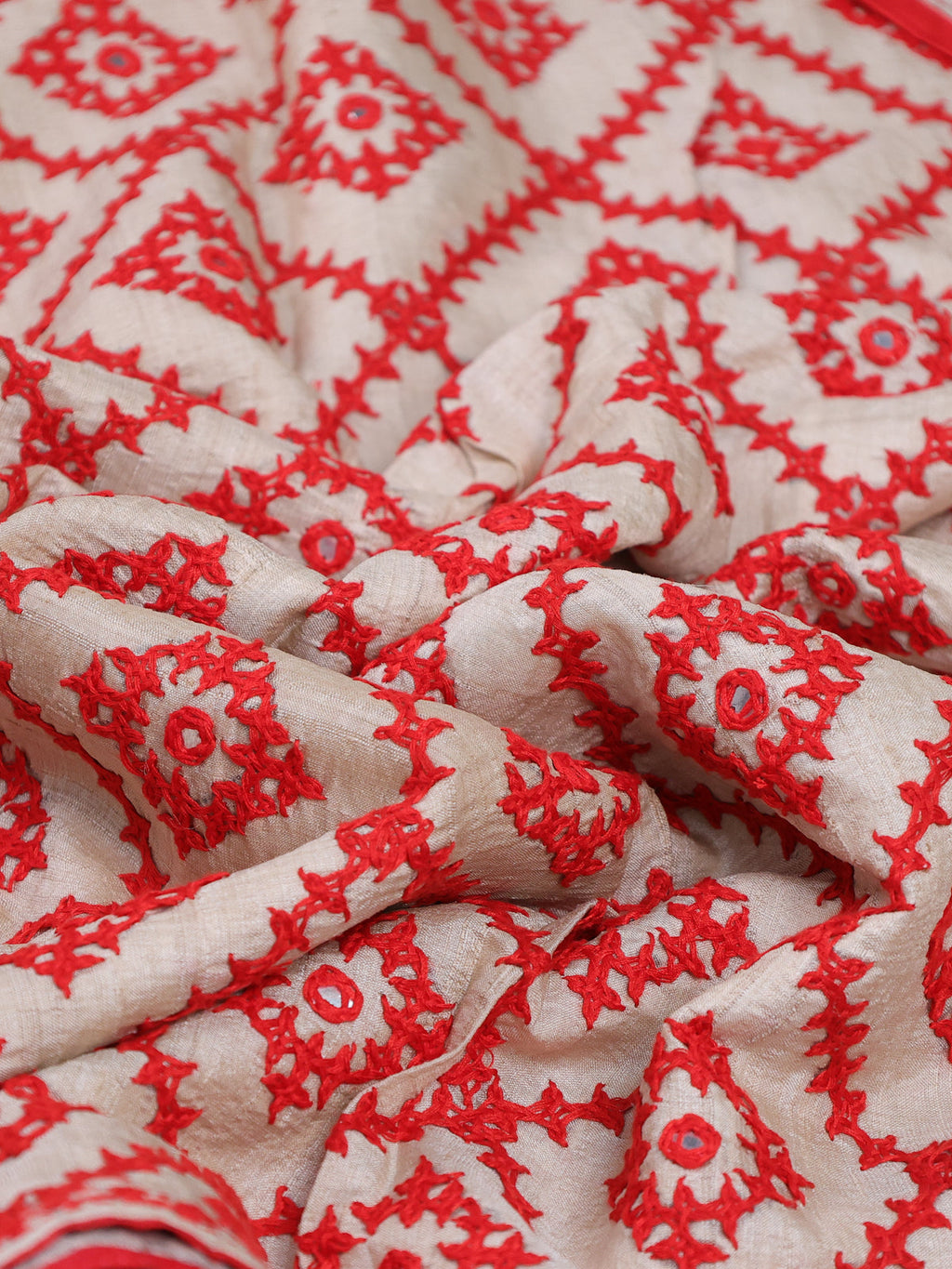Beige & Red Puretussar Silk Saree With Allover Kutch Embroidery & Mirror Work