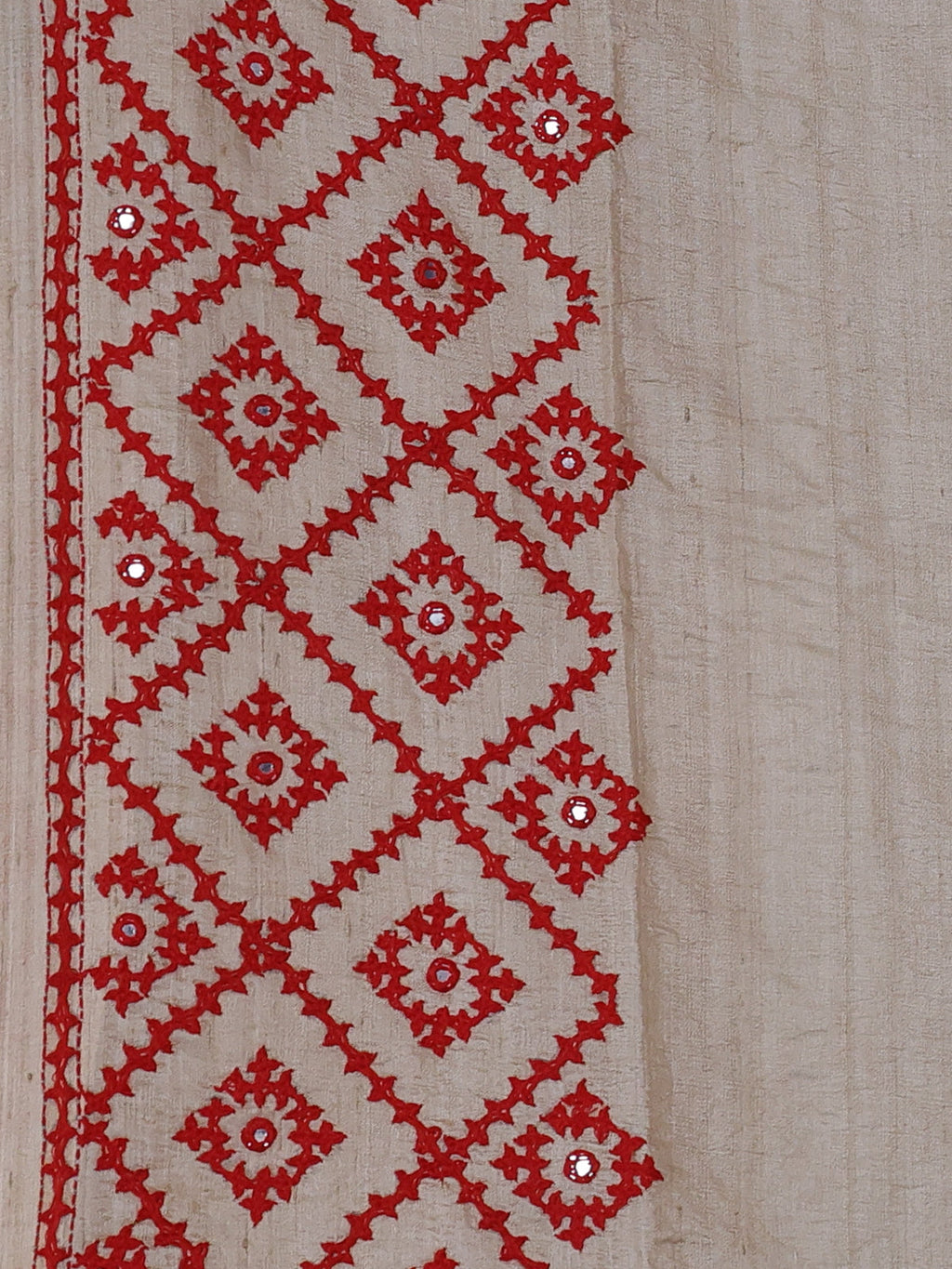 Beige & Red Puretussar Silk Saree With Allover Kutch Embroidery & Mirror Work