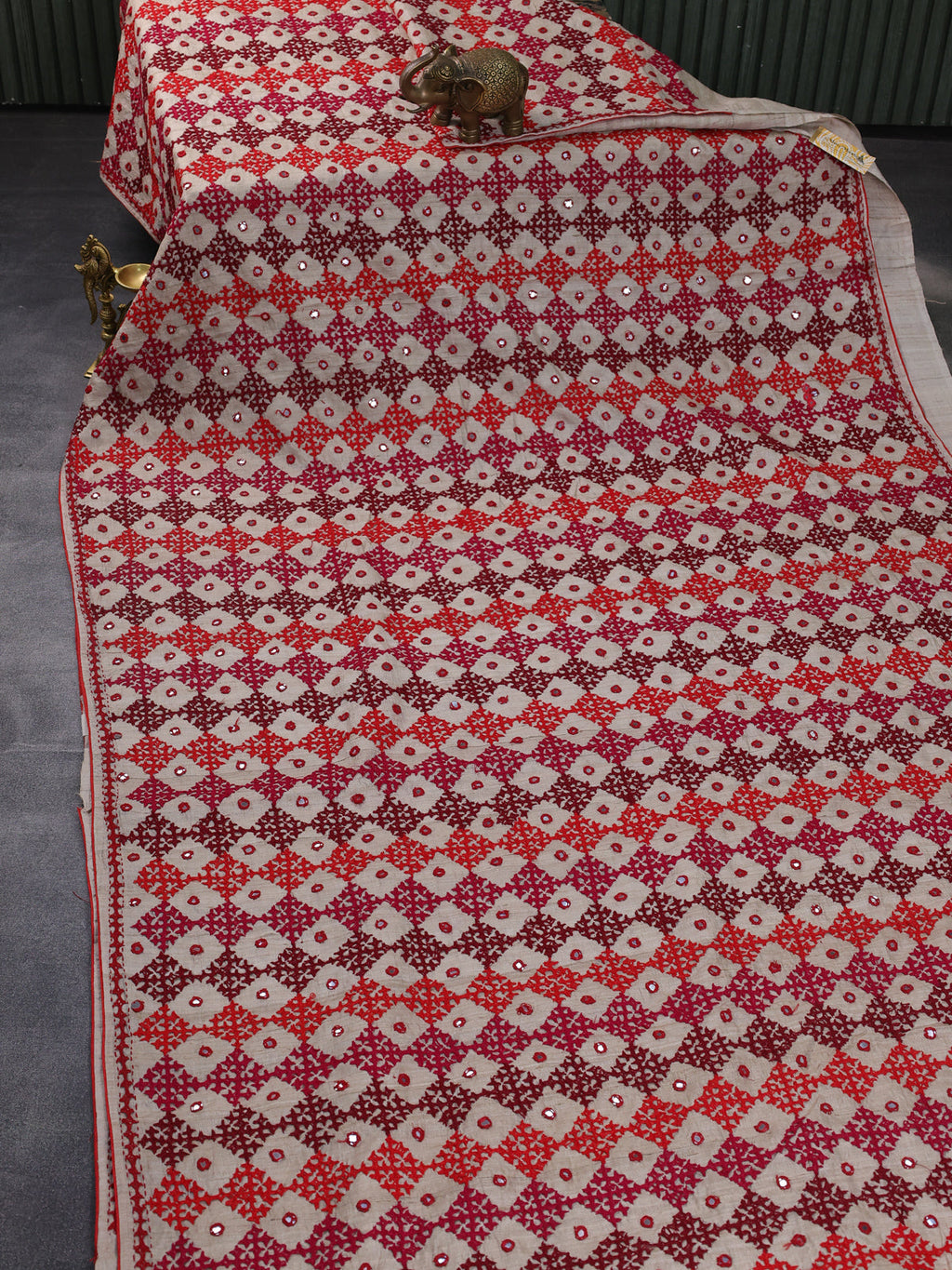 Beige & Red Pure Tussar Silk Saree With Allover Kutch Embroidery & Mirror Work