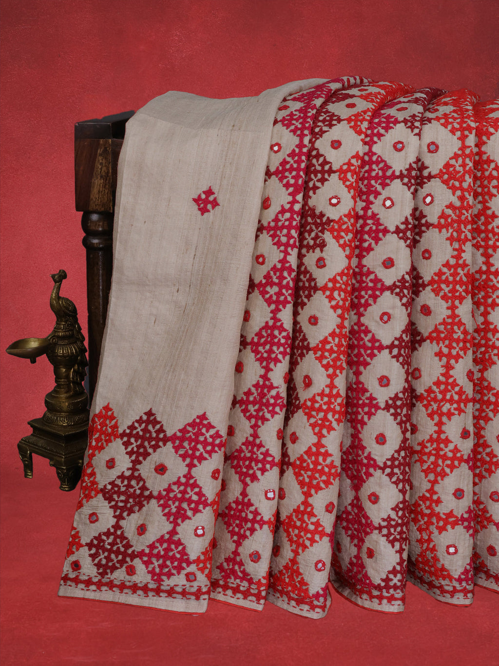 Beige & Red Pure Tussar Silk Saree With Allover Kutch Embroidery & Mirror Work