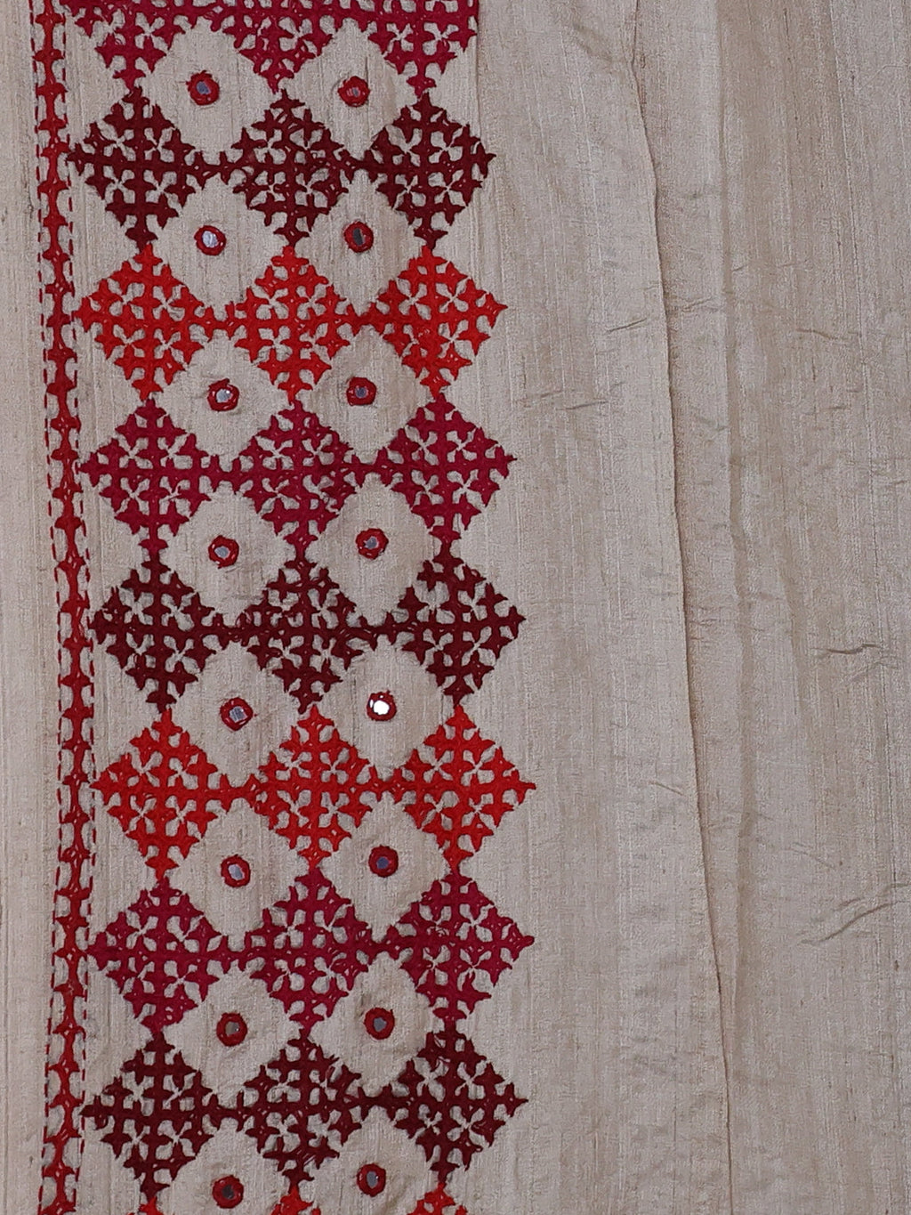 Beige & Red Pure Tussar Silk Saree With Allover Kutch Embroidery & Mirror Work