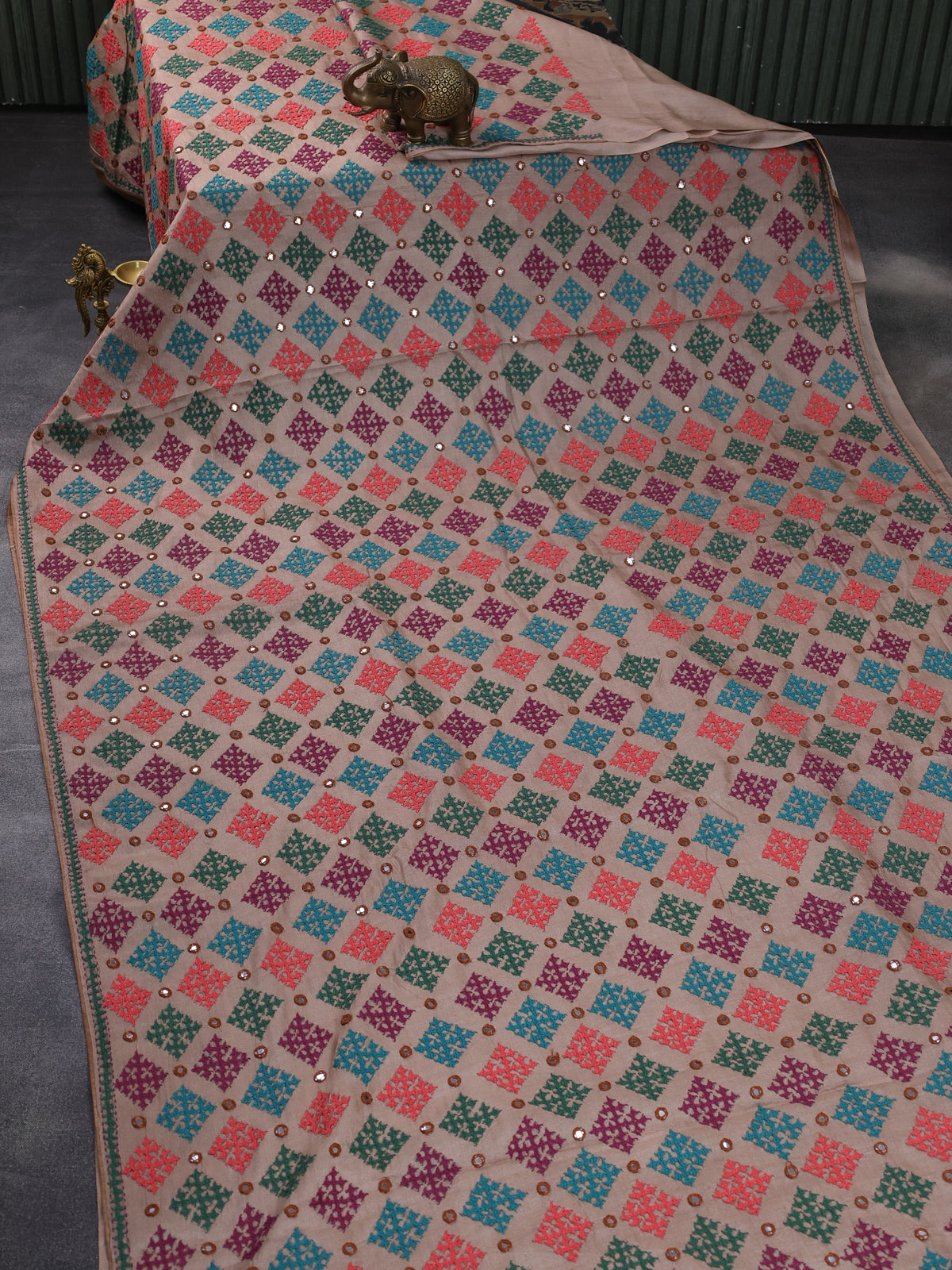 Dark Beige Pure Tussar Silk Saree With Allover Kutch Embroidery & Mirror Work