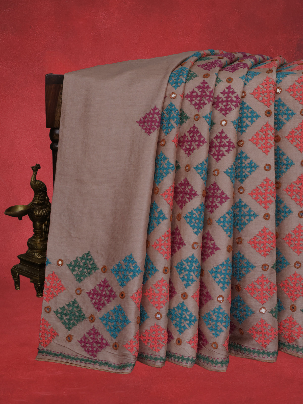 Dark Beige Pure Tussar Silk Saree With Allover Kutch Embroidery & Mirror Work