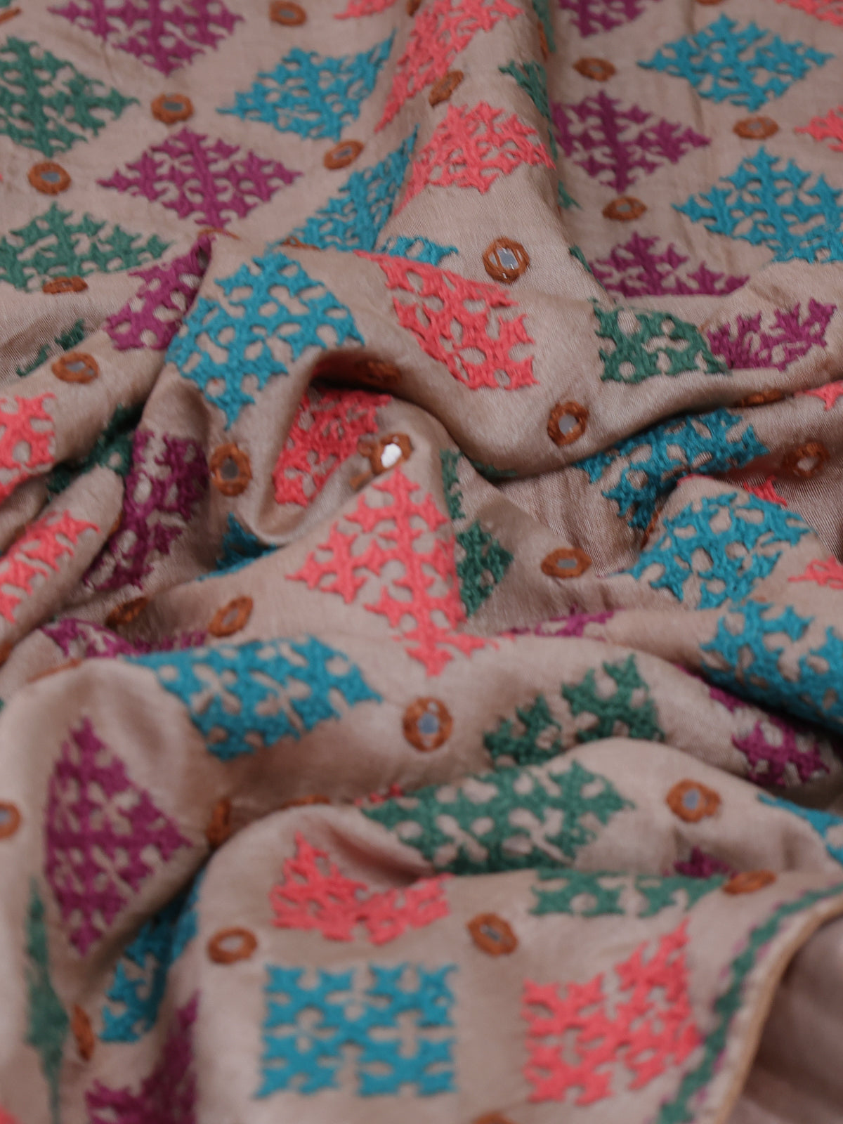 Dark Beige Pure Tussar Silk Saree With Allover Kutch Embroidery & Mirror Work