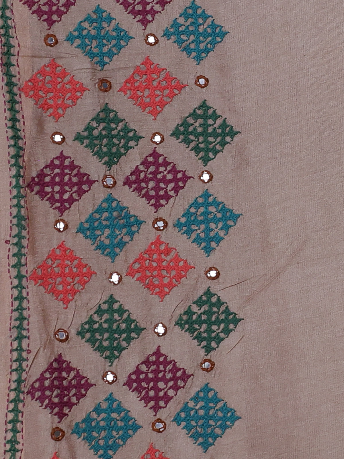 Dark Beige Pure Tussar Silk Saree With Allover Kutch Embroidery & Mirror Work