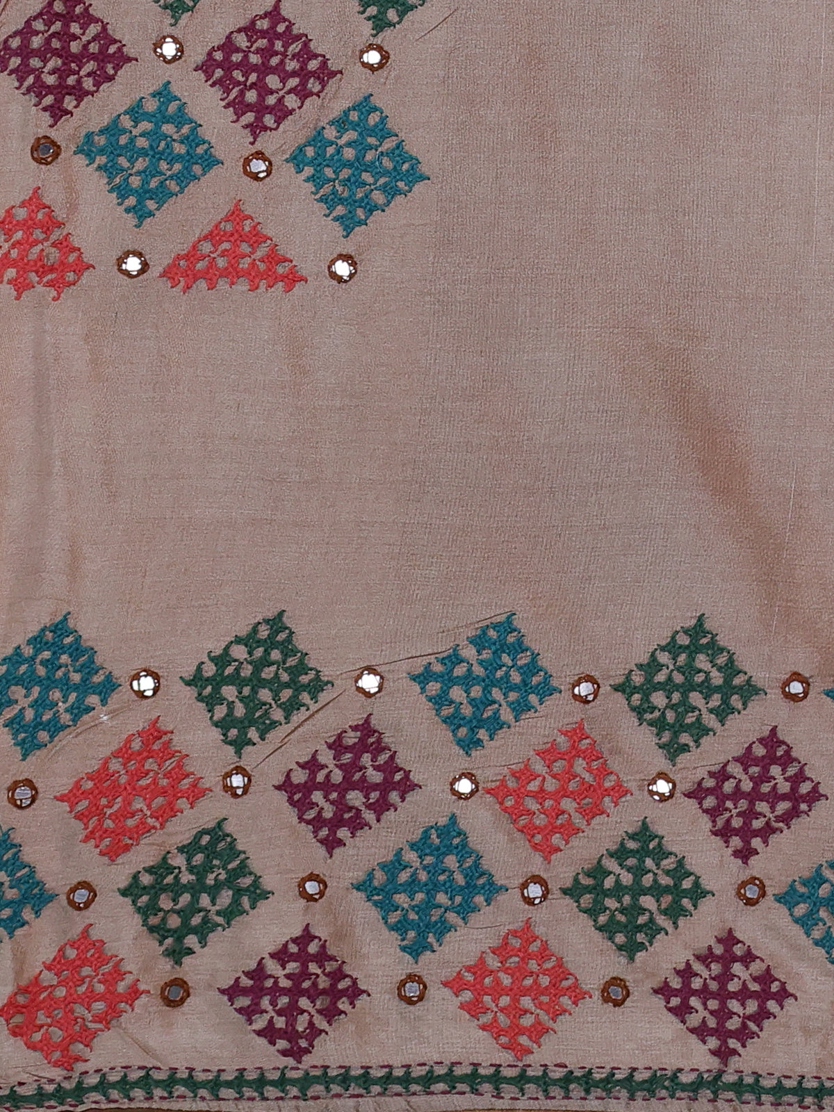 Dark Beige Pure Tussar Silk Saree With Allover Kutch Embroidery & Mirror Work