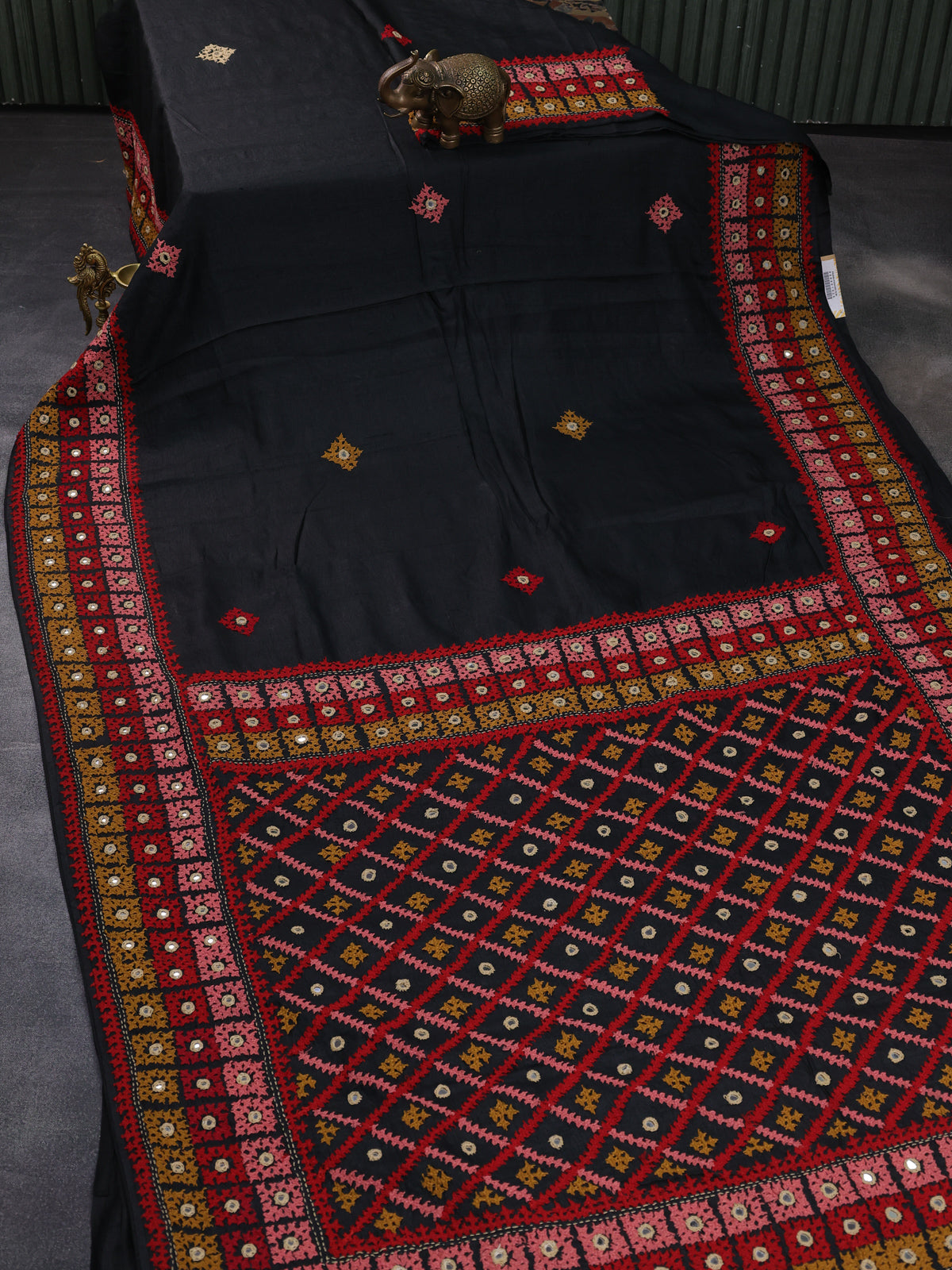 Black Pure Tussar Silk Saree With Allover Kutch Embroidery & Mirror Work