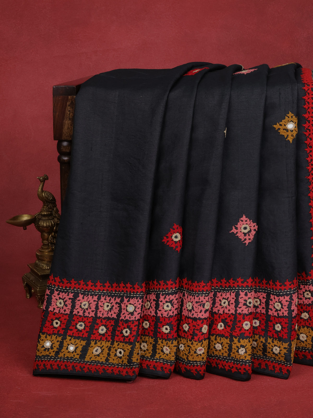 Black Pure Tussar Silk Saree With Allover Kutch Embroidery & Mirror Work