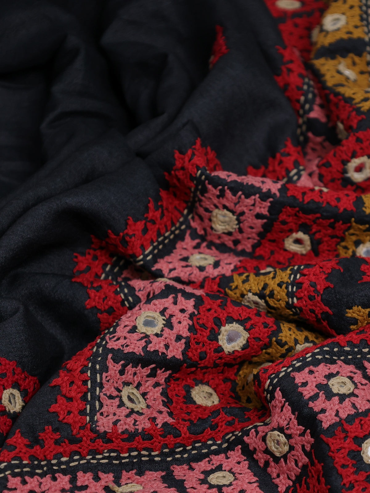Black Pure Tussar Silk Saree With Allover Kutch Embroidery & Mirror Work