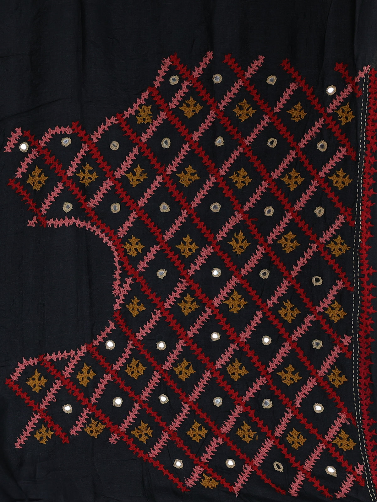 Black Pure Tussar Silk Saree With Allover Kutch Embroidery & Mirror Work