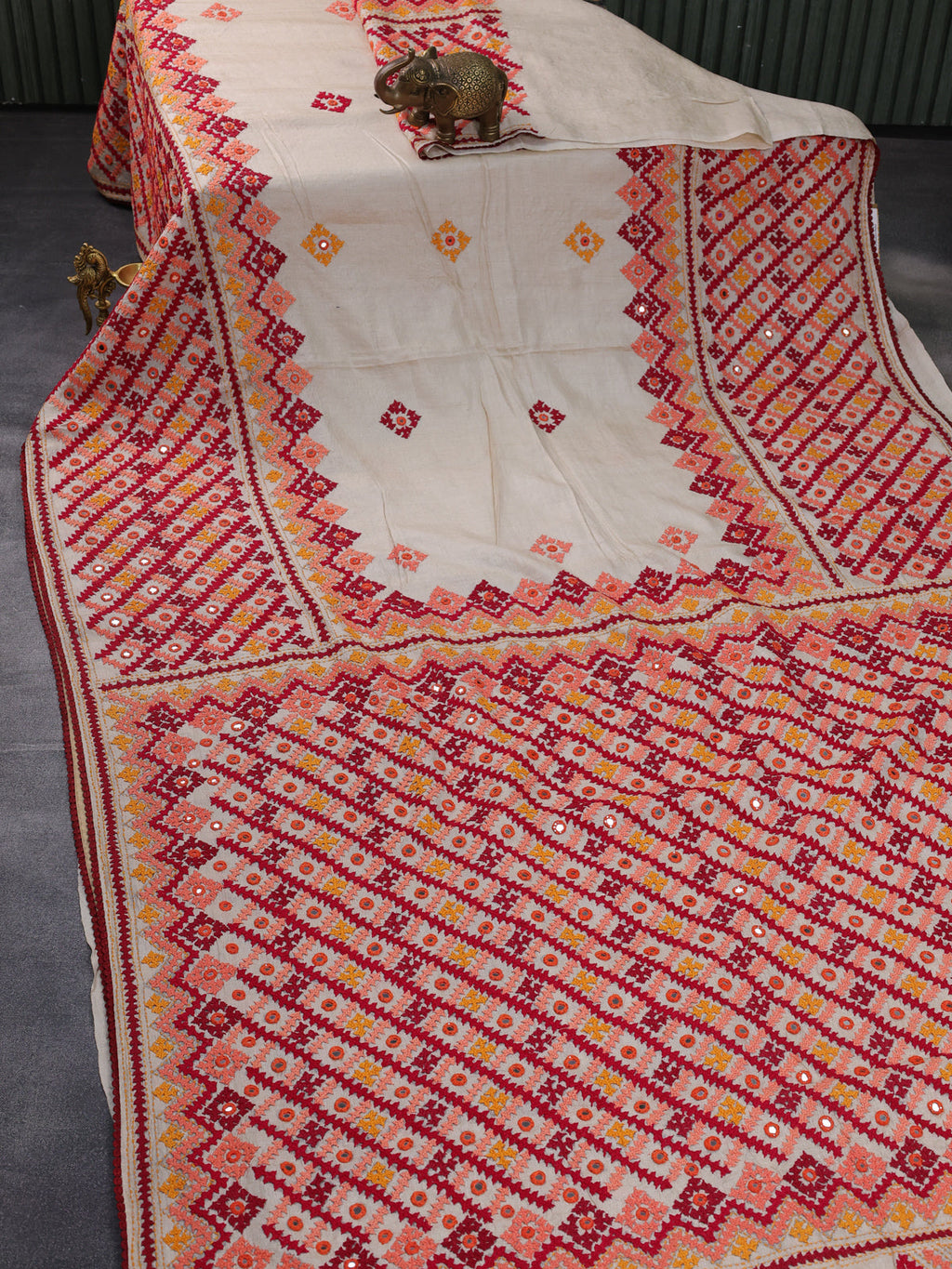Beige Pure Tussar Silk Saree With Allover Kutch Embroidery & Mirror Work