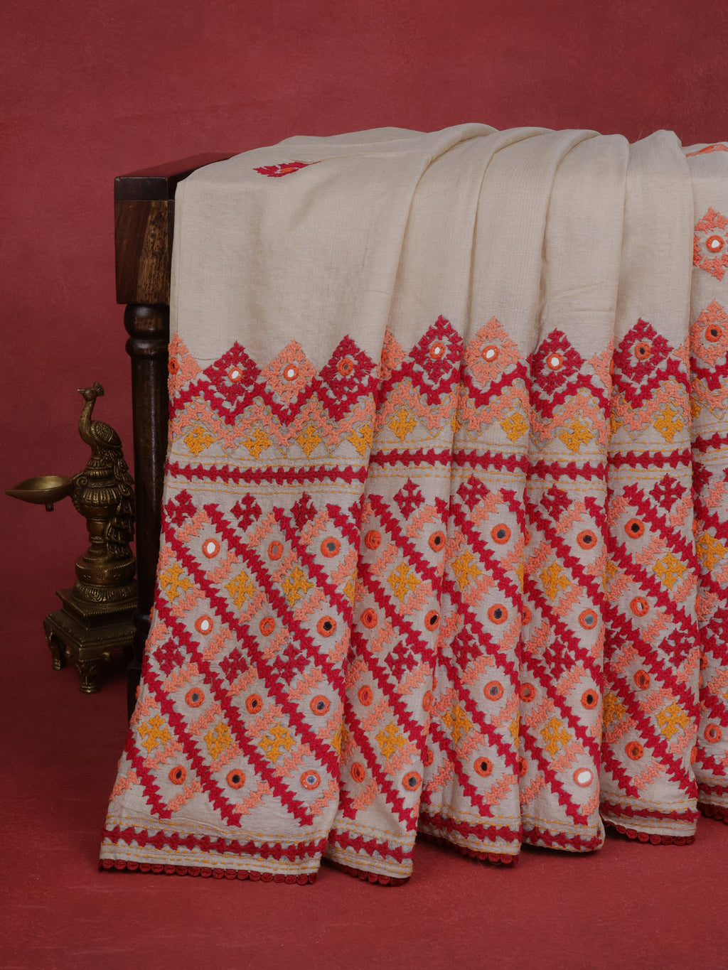 Beige Pure Tussar Silk Saree With Allover Kutch Embroidery & Mirror Work