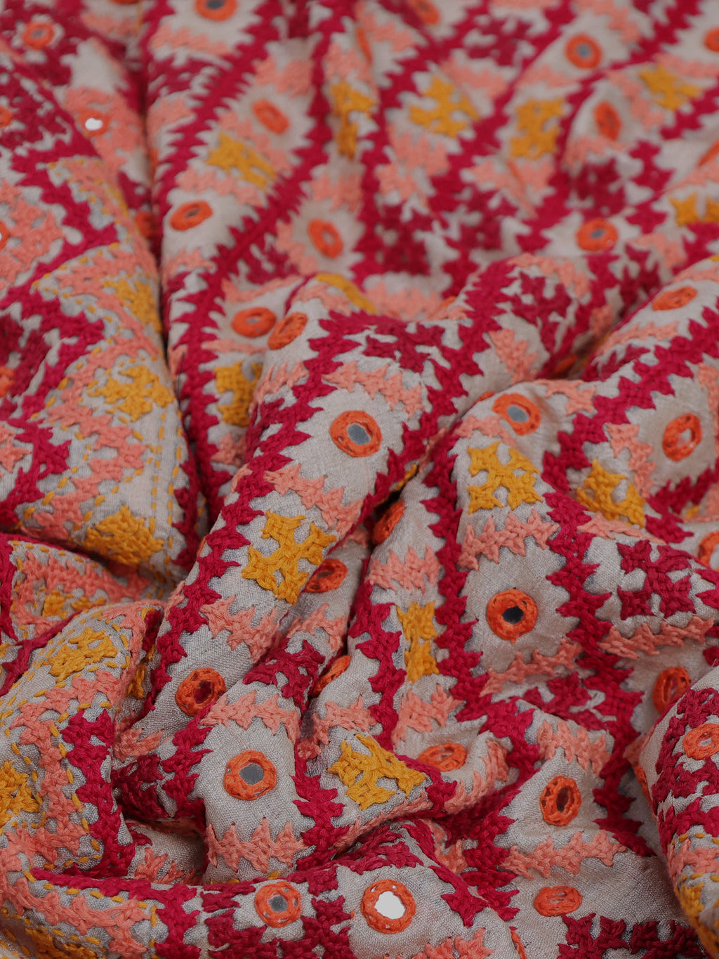 Beige Pure Tussar Silk Saree With Allover Kutch Embroidery & Mirror Work