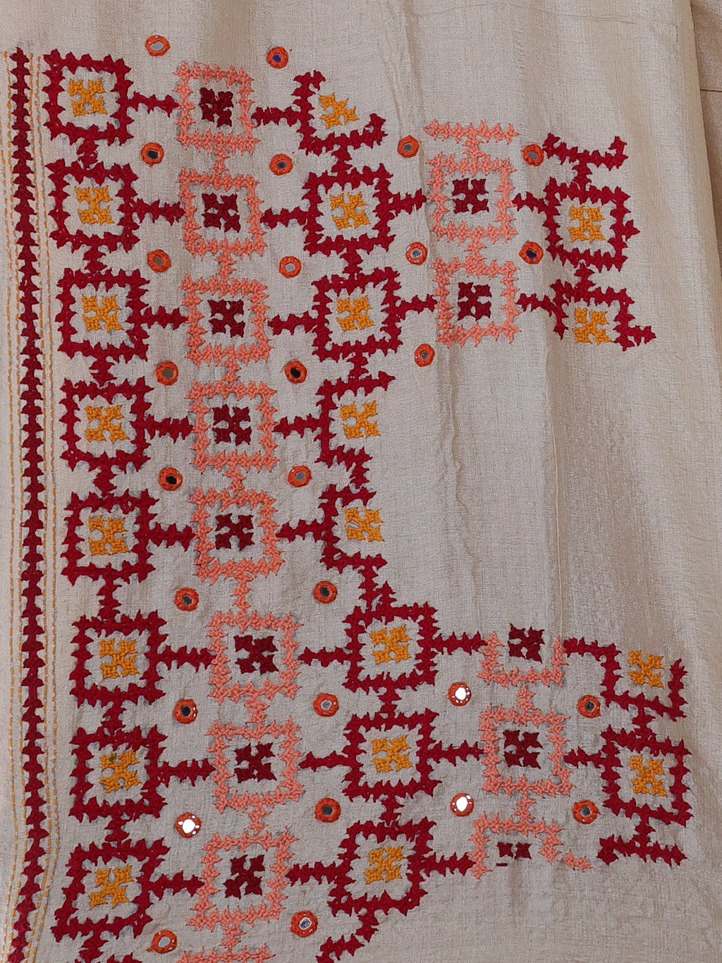 Beige Pure Tussar Silk Saree With Allover Kutch Embroidery & Mirror Work