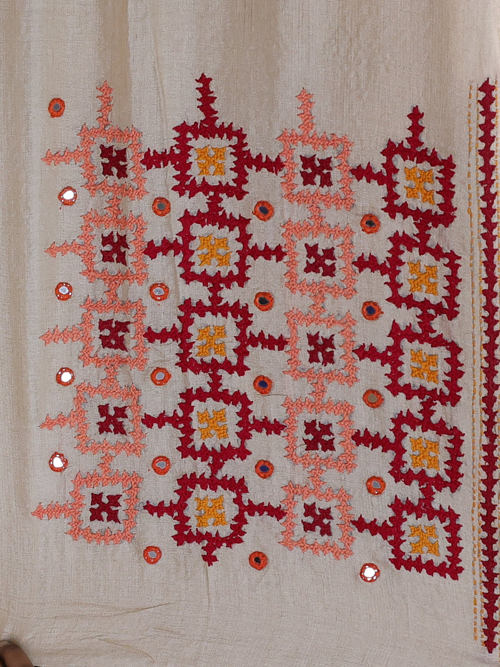 Beige Pure Tussar Silk Saree With Allover Kutch Embroidery & Mirror Work