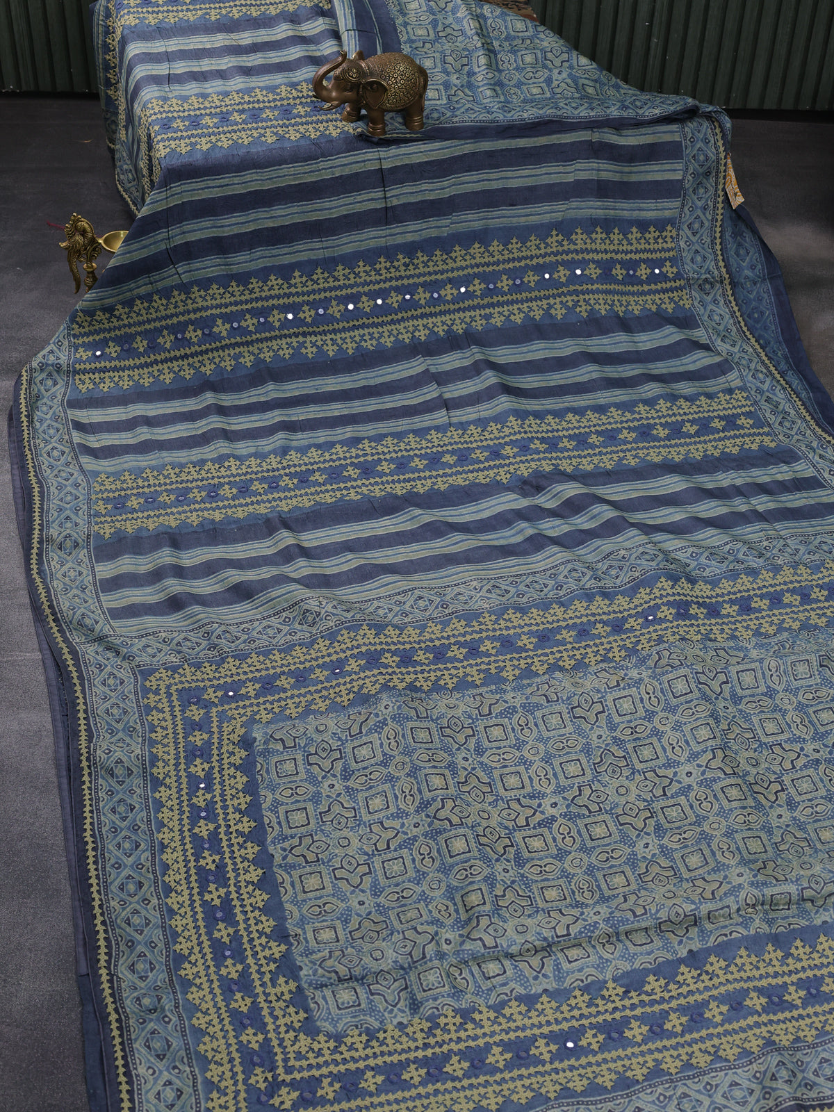 Bluish Grey Pure Tussar Silk Saree With Ajrakh Prints & Kutch Embroidery