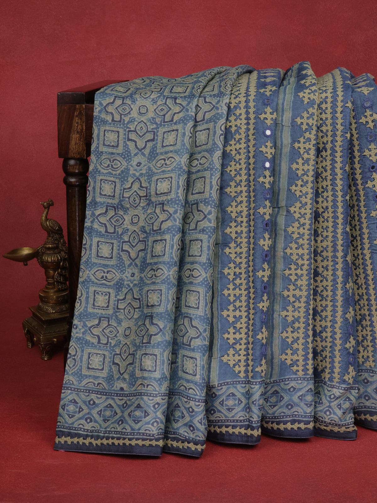 Bluish Grey Pure Tussar Silk Saree With Ajrakh Prints & Kutch Embroidery
