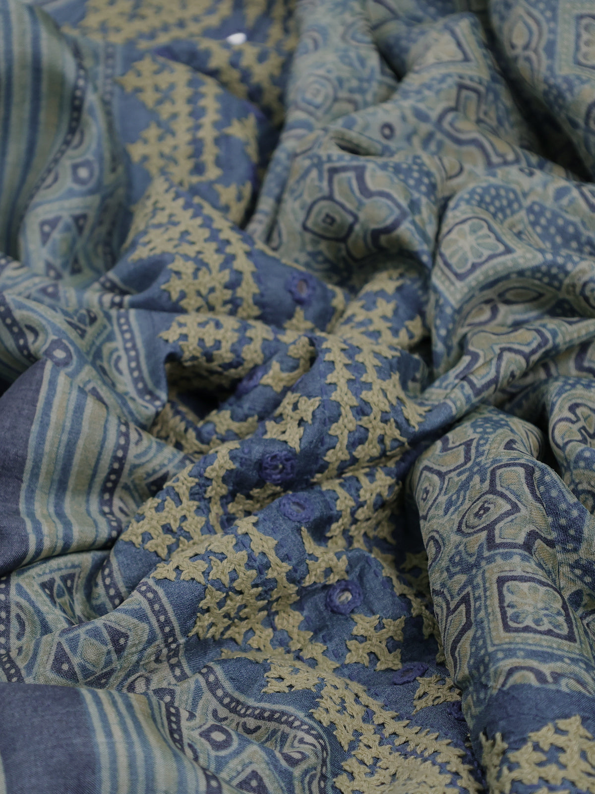 Bluish Grey Pure Tussar Silk Saree With Ajrakh Prints & Kutch Embroidery