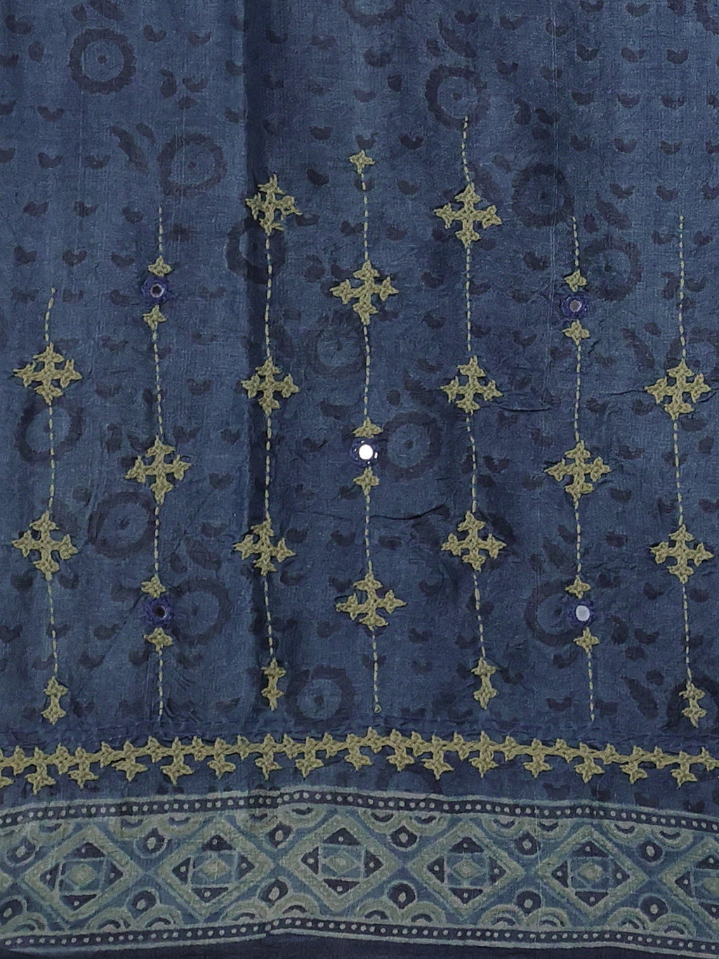 Bluish Grey Pure Tussar Silk Saree With Ajrakh Prints & Kutch Embroidery