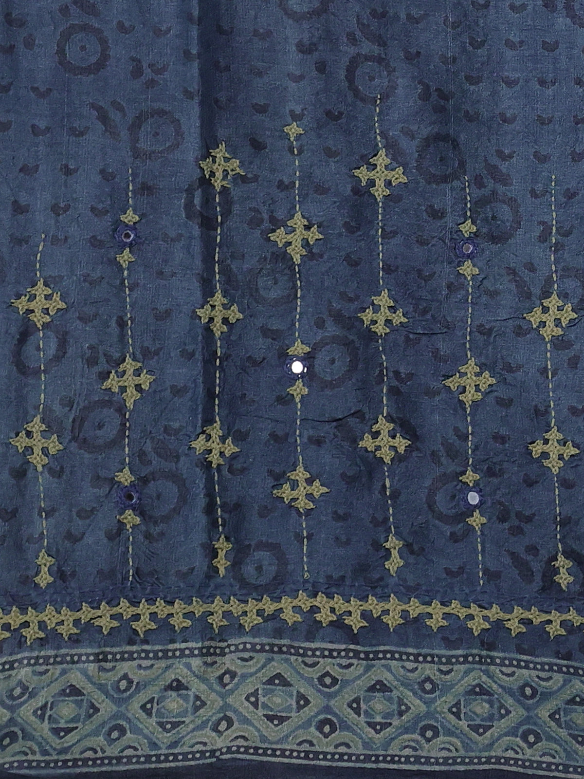Bluish Grey Pure Tussar Silk Saree With Ajrakh Prints & Kutch Embroidery