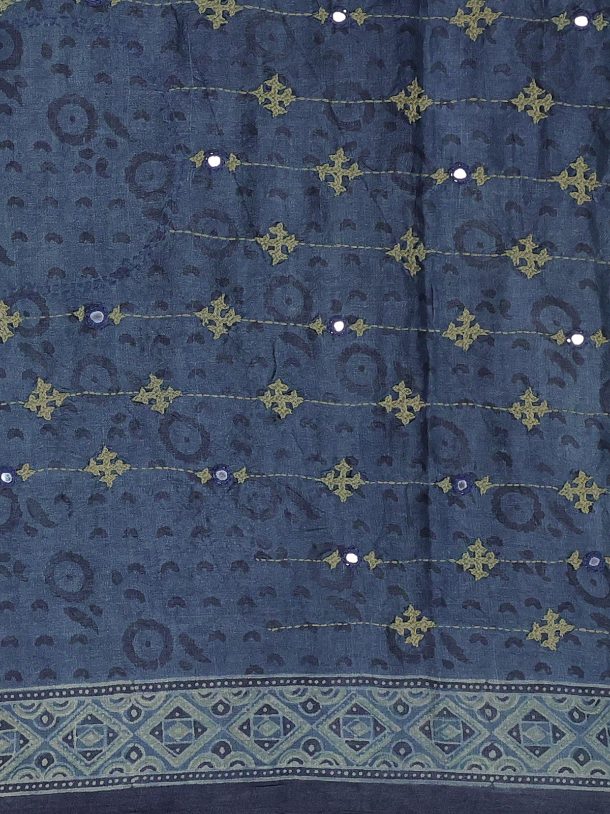 Bluish Grey Pure Tussar Silk Saree With Ajrakh Prints & Kutch Embroidery