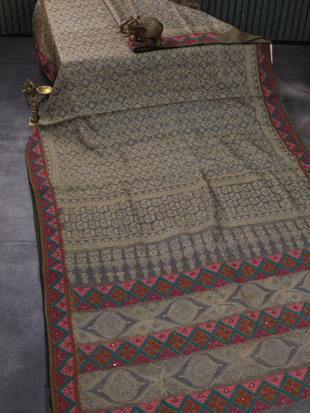 Grey Pure Tussar Silk Saree With Ajrakh Prints & Kutch Embroidery