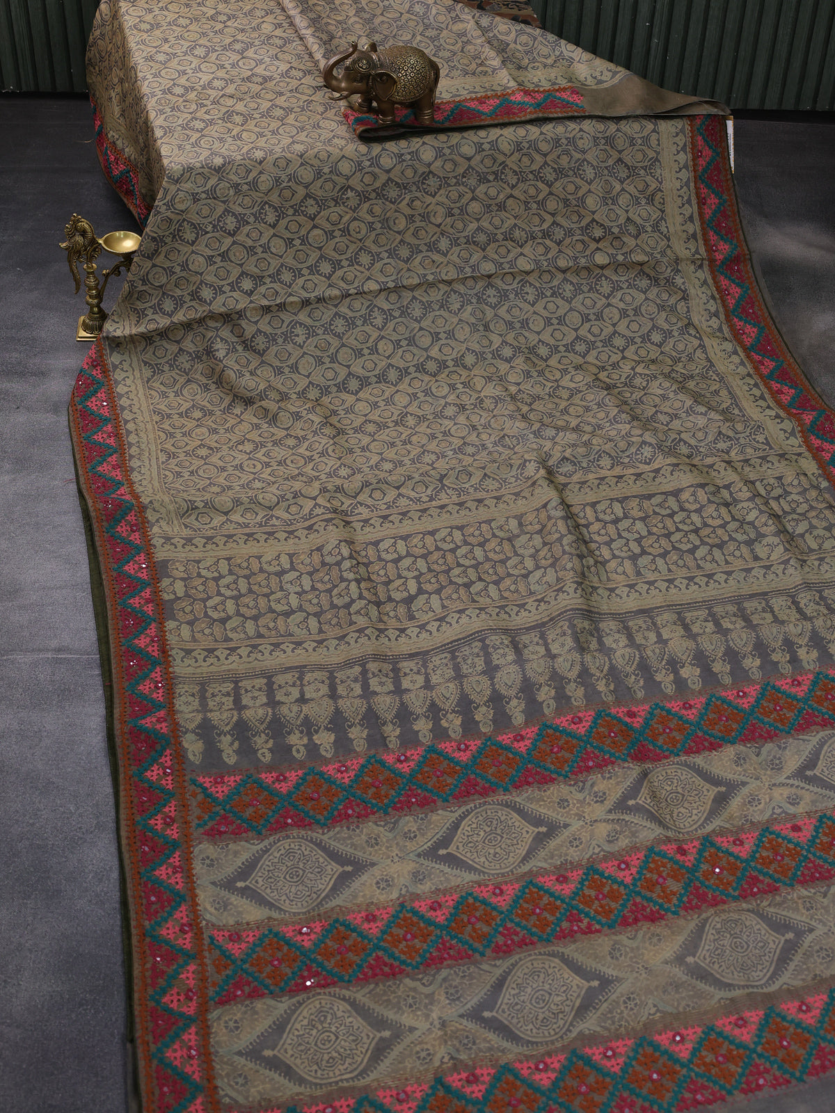 Grey Pure Tussar Silk Saree With Ajrakh Prints & Kutch Embroidery