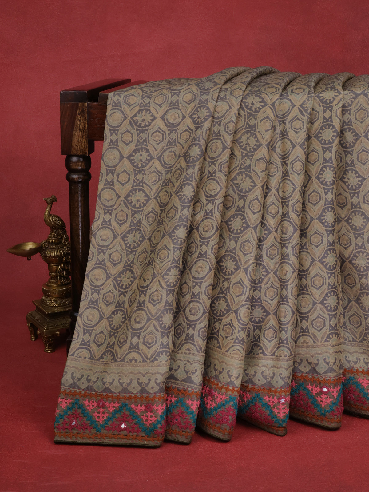 Grey Pure Tussar Silk Saree With Ajrakh Prints & Kutch Embroidery