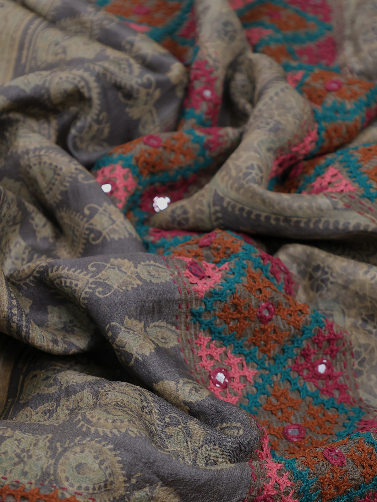Grey Pure Tussar Silk Saree With Ajrakh Prints & Kutch Embroidery