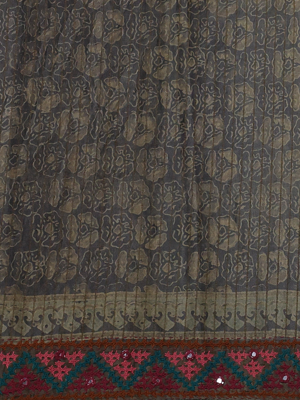 Grey Pure Tussar Silk Saree With Ajrakh Prints & Kutch Embroidery