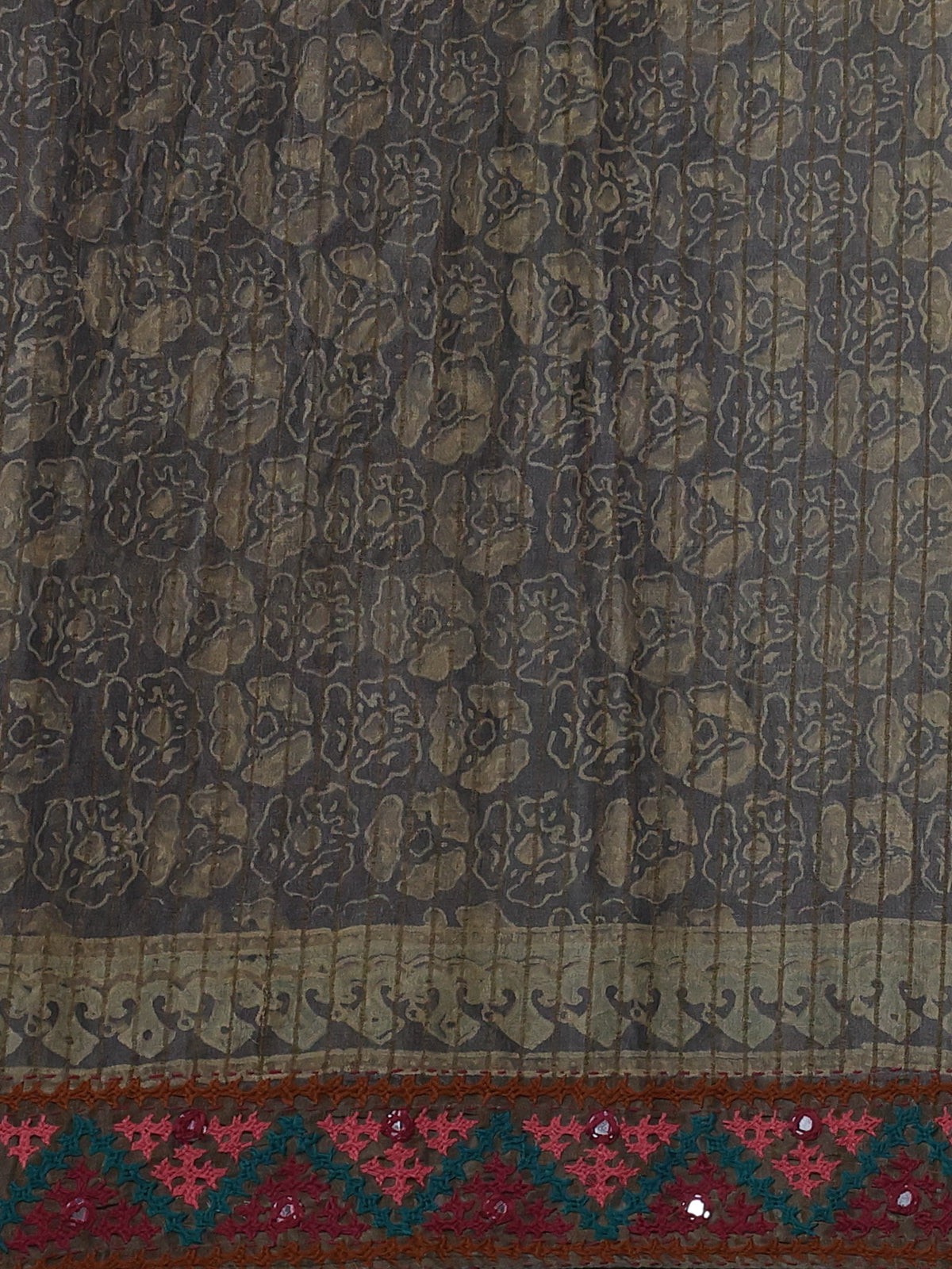 Grey Pure Tussar Silk Saree With Ajrakh Prints & Kutch Embroidery