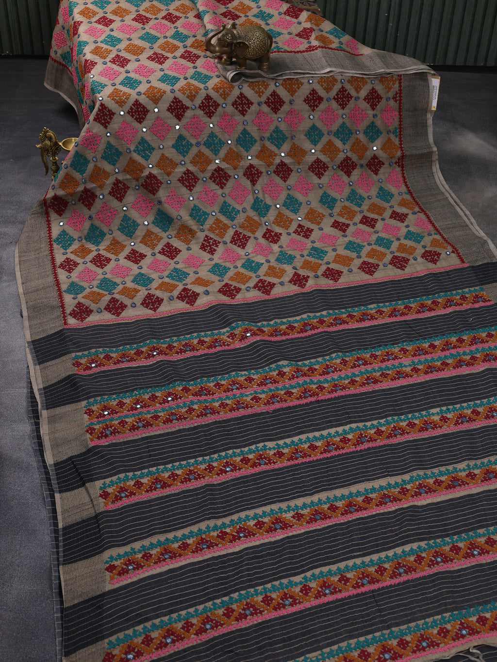 Beige & Grey Pure Tussar Silk Saree With Allover Kutch Embroidery