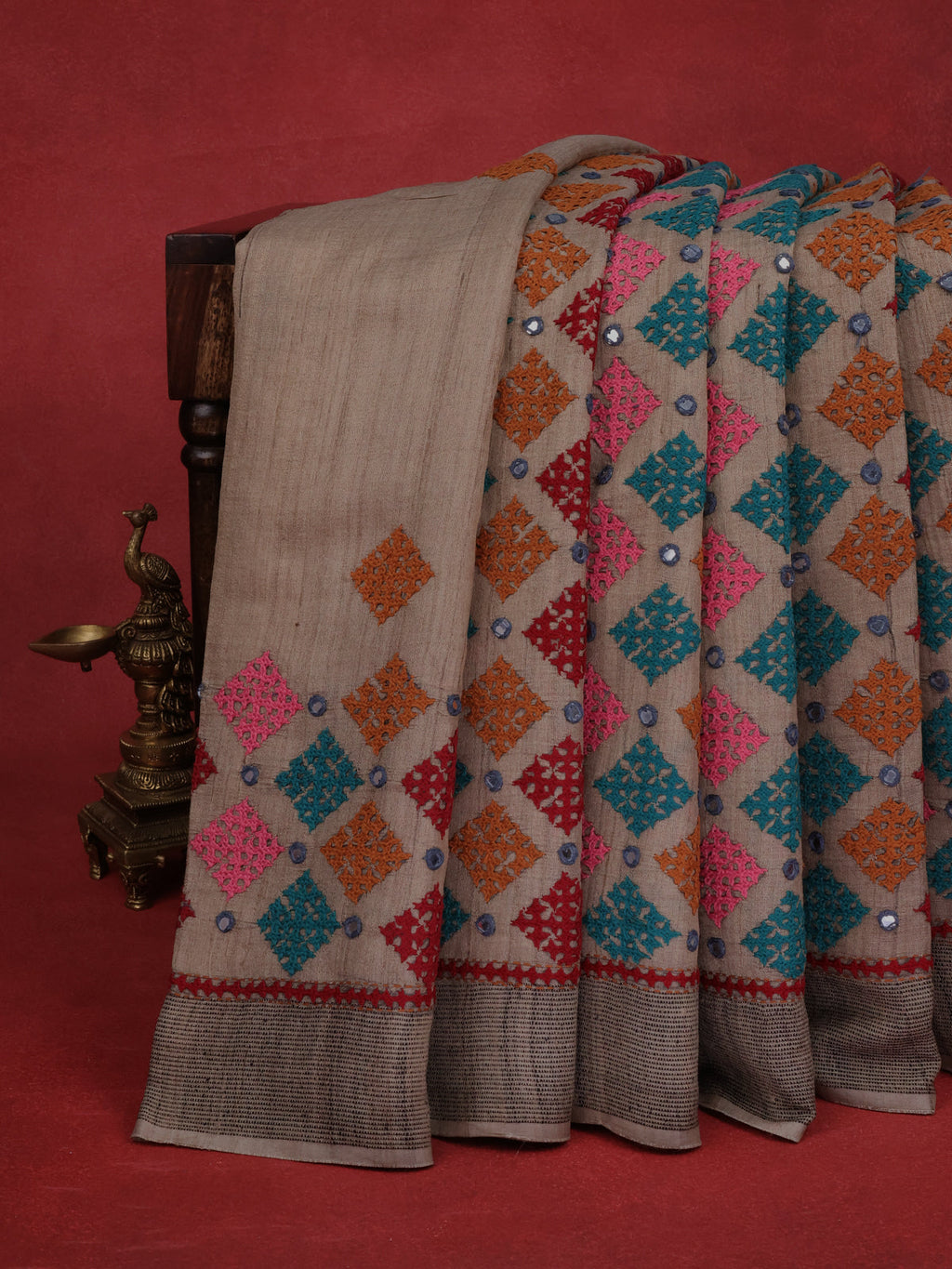 Beige & Grey Pure Tussar Silk Saree With Allover Kutch Embroidery