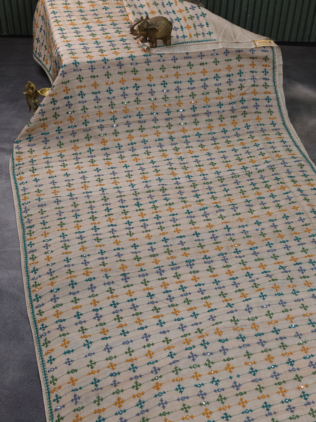 Bbeige & Elephant Grey Pure Tussar Silk Saree With Allover Kutch Embroidery