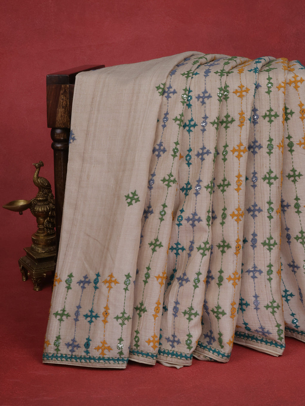 Bbeige & Elephant Grey Pure Tussar Silk Saree With Allover Kutch Embroidery